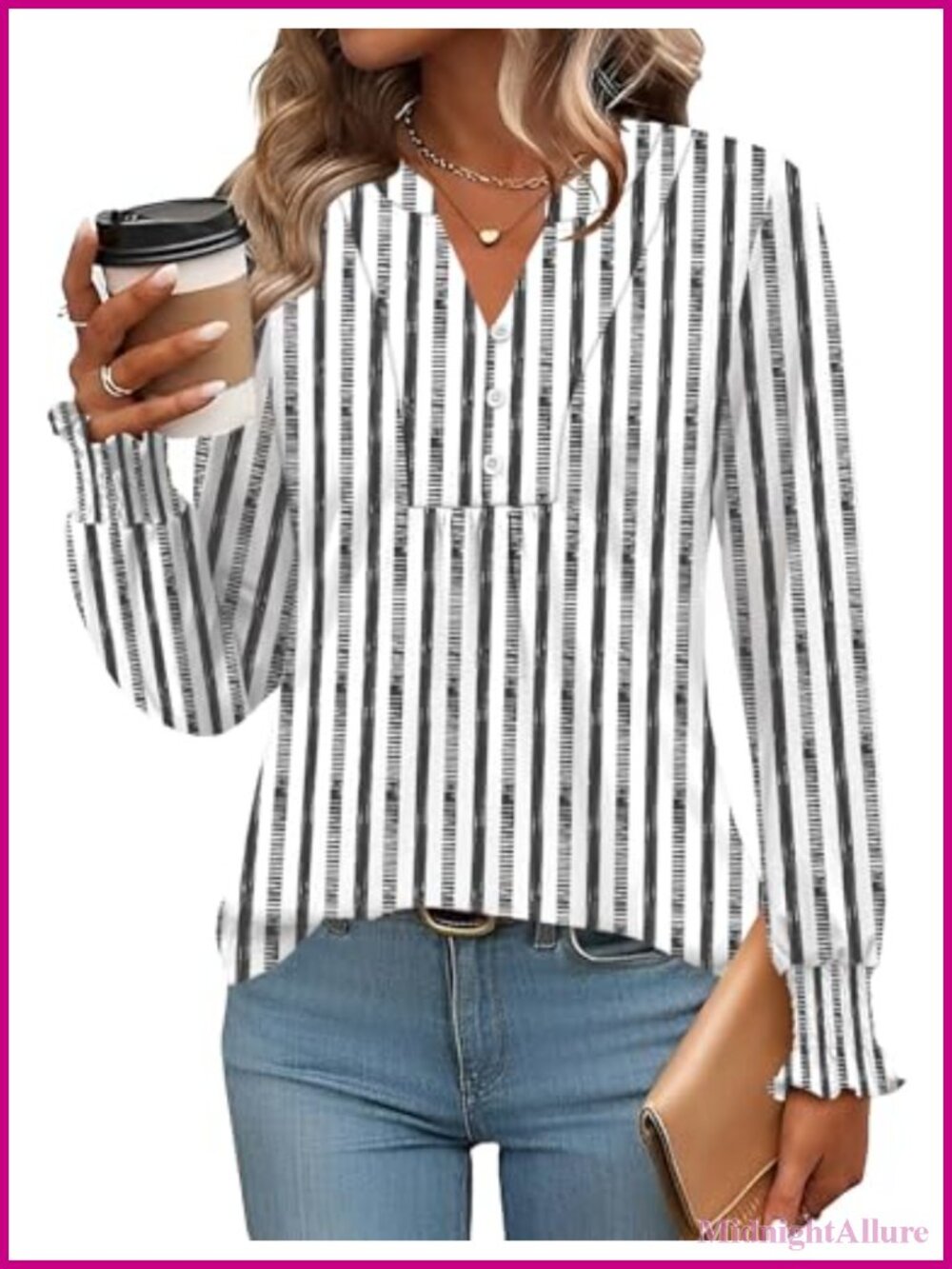 Women's Long Sleeve V-Neck Tunic Blouse Dressy Casual Pleated Curved Hem